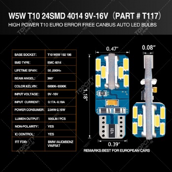 Led T10 24SMD led示寬燈,閱讀燈,儀表燈,牌照燈