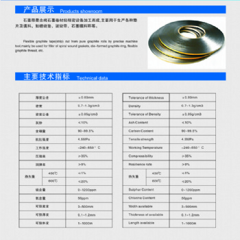 柔性石墨帶主要用于生產(chǎn)各種墊片及填料，如纏繞墊，波紋帶，石墨填料環(huán)等。