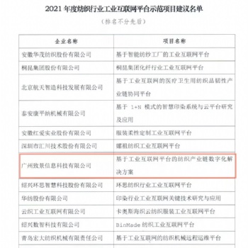 致景科技榮獲紡織行業(yè)工業(yè)互聯(lián)網(wǎng)平臺(tái)示范項(xiàng)目