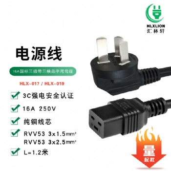 16A 國(guó)標(biāo)CCC插頭三插彎頭單相兩極接地插頭帶C19品字尾
