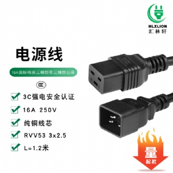 16A 中規CCC橫型三孔母頭插C19帶三插橫型公座C20電源插頭定制